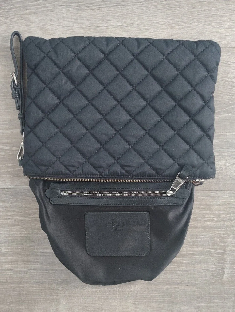 Moschino Black Quilted Logo Wristlet with Silver Accents
